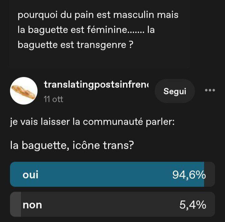 pourquoi du pain est masculin mais
la baguette est féminine

baguette est transgenre ?

translatingpostsinfren: |
Segui
1 ott

je vais laisser la communauté parler:

la baguette, icône trans?

oui