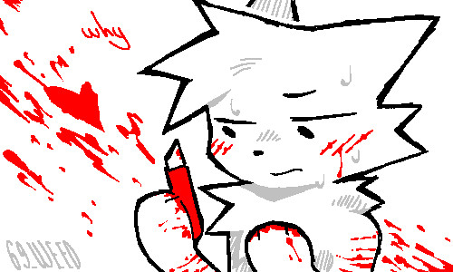 boycutter; the white cat, holding a red box cutter in the aftermath of cutting himself. there are cuts on his wrists, shoulders, and cheeks, the ones on his cheeks resembling blush lines. he looks at the box cutter and his bloody paws with a conflicted look on his face. there are blood spills in the background, one splat being in the shape of a heart.