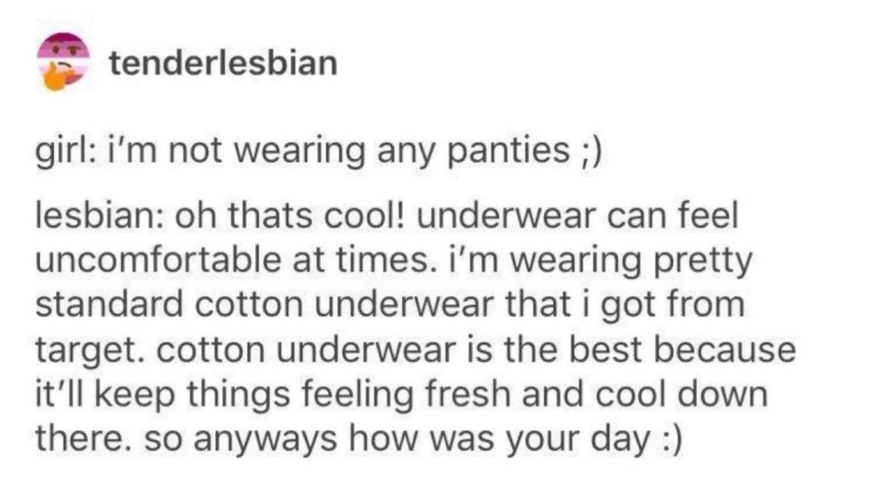 tenderlesbian

girl: i'm not wearing any panties ;)

lesbian: oh thats cool! underwear can feel
uncomfortable at times. i'm wearing pretty
Standard cotton underwear that | got from
target. cotton underwear is the best because
it'll keep things feeling fresh and cool down
there. so anyways how was your day :)