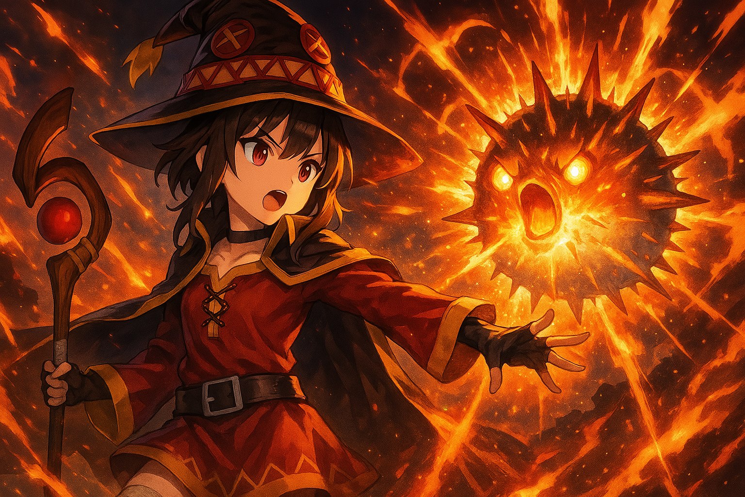 Davide ツ, [7/15/25, 10:07 AM]
/copilot Disegna una giovane maga, simile ma non identica a Megumin di konosuba, che evoca un pesce palla intrinso della magia dell'esplosione. stile anime. fallo epico.

Microsoft Copilot, [7/15/25, 10:08 AM]
[In reply to Davide ツ]
🔥 Sta per apparire la tua eroina anime in tutto il suo splendore! Una giovane maga grintosa, un pufferfish incantato con poteri esplosivi, e una scena da urlo in puro stile epico — preparati al botto!