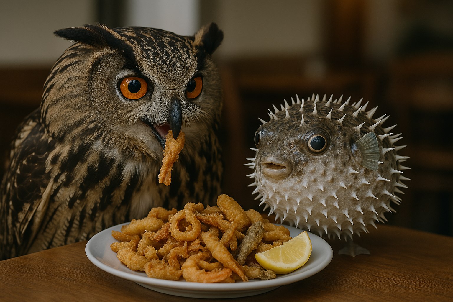 Hex, [15/07/2025 23:43]
/copilot genera una fotorealistica di un gufo che mangia con un pesce palla del fritto misto

Microsoft Copilot, [15/07/2025 23:43]
Ecco in arrivo un'immagine davvero surreale—un gufo e un pesce palla che condividono un piatto di fritto misto come due buongustai inaspettati. 🍽️🦉🐡 Preparati a una fusione tra il bizzarro e il delizioso!

Hex, [15/07/2025 23:45]
Pallot con le zampine

🅽, [15/07/2025 23:58]
gnammi