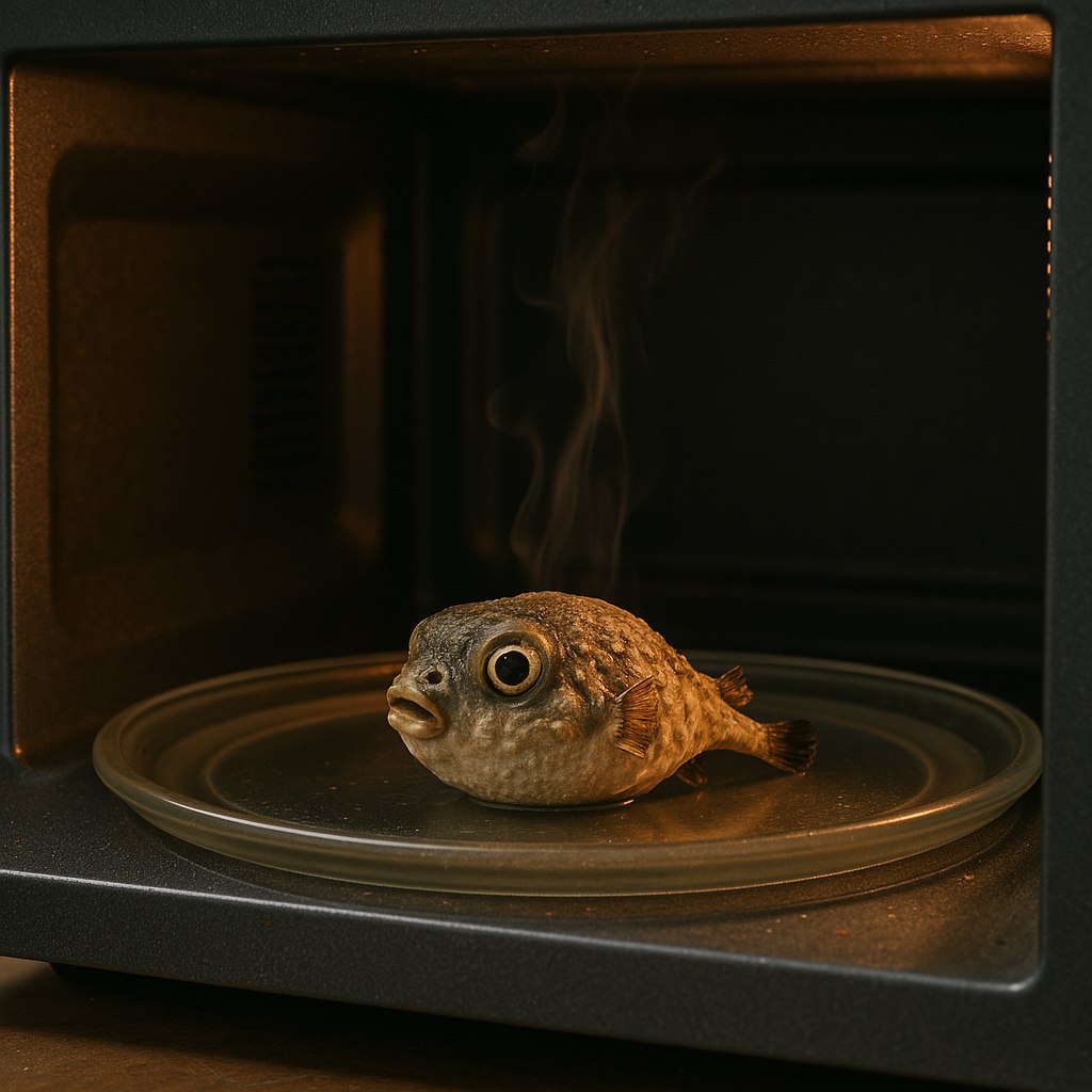 🅽, [06/07/2025 17:31]
/copilot genera l'immagine di 1 pesce palla che viene cotto al microonde e si restringe x via della cottura

Microsoft Copilot, [06/07/2025 17:31]
Ecco l'immagine del pesce palla che si restringe mentre viene cotto al microonde! 🍽️🐡 Se vuoi aggiungere un tocco comico o trasformarlo in una scena animata, fammi sapere!