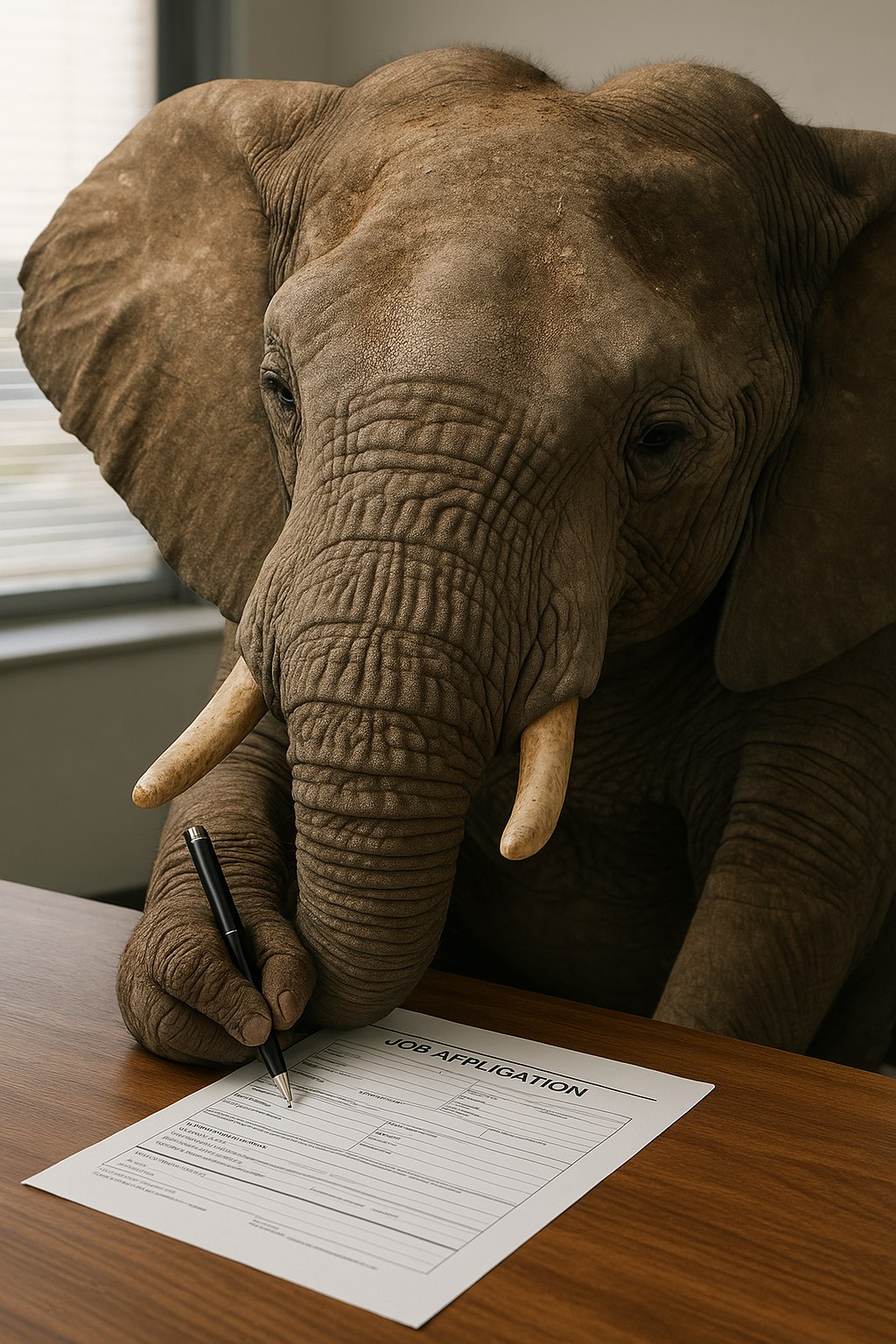 Hex, [20/07/2025 20:53]
/copilot genera 1 immagine fotorealistica di un elefante che deve compilare 1 job application

Microsoft Copilot, [20/07/2025 20:53]
Ecco in arrivo un elefante super concentrato, intento a riempire la sua domanda di lavoro con grande serietà e un tocco di maestosità! 🐘💼