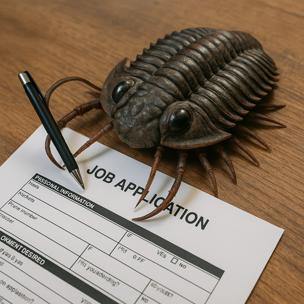 🅽, [20/07/2025 20:48]
/copilot genera 1 immagine fotorealistica di un trilobite che deve compilare 1 job application

Microsoft Copilot, [20/07/2025 20:49]
Ecco in arrivo il tuo candidato crustaceo! 📄🦗

Un trilobite in cerca di impiego—chi l’avrebbe mai detto? Sta armeggiando con penne e documenti, pronto a mettere in mostra miliardi di anni di esperienza in gestione sedimentaria e mimetizzazione strategica.

🅽, [20/07/2025 20:50]
PIKKOLO!!

💖💣, [20/07/2025 20:50]
LUI PERÒ.
lui otterrà il lavoro prima di palla

🅽, [20/07/2025 20:51]
he do be applyin frfr

🅽, [20/07/2025 23:04]
cmq il meglio è lui!

🅽, [20/07/2025 23:04]
lo assumerei fr

💖💣, [20/07/2025 23:05]
si