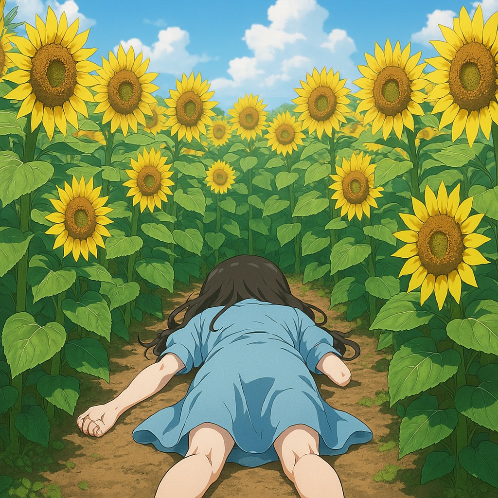 Davide ツ, [25/07/2025 20:33]
/copilot Disegna un campo di girasoli. i girasoli sono tutti girati a guardare una ragazza svenuta. la ragazza ha la faccia a terra e l'inquadratura è da dietro. la ragazza si trova in mezzo al campo di girasoli, li ha tutti intorno. stile anime.

Microsoft Copilot, [25/07/2025 20:33]
Ecco la scena anime che hai immaginato—sta arrivando il disegno! 🌻 Una ragazza svenuta circondata da girasoli curiosi e silenziosi… è un’immagine potente, un po’ onirica e piena di mistero. Se vuoi aggiustare qualche dettaglio o immaginare una scena successiva, sono qui!

💖💣, [25/07/2025 20:34]
si, true crime

Davide ツ, [25/07/2025 20:35]
ci piace?

💖💣, [25/07/2025 20:35]
top