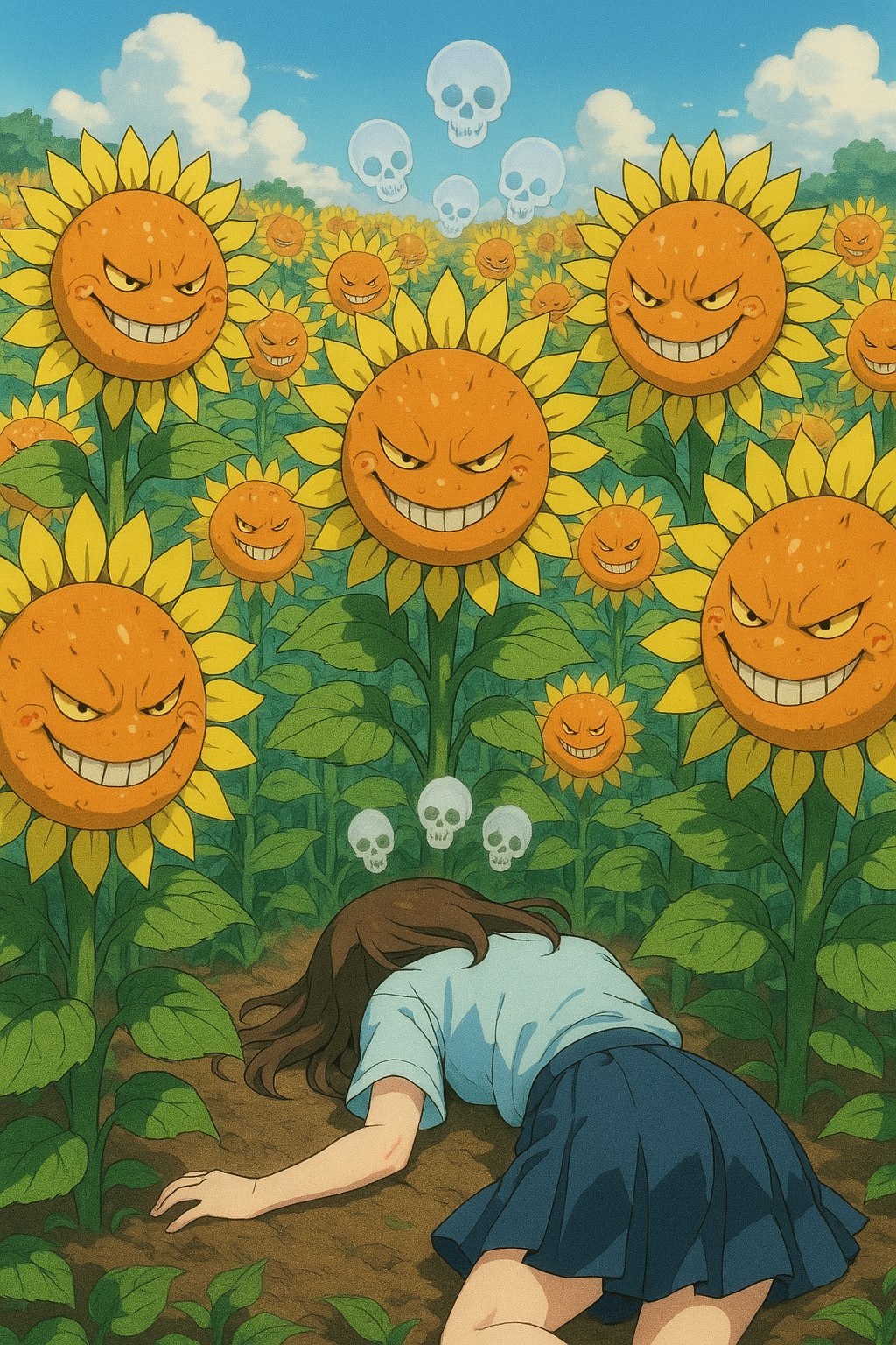 Davide ツ, [25/07/2025 20:40]
/copilot Disegna un campo di girasoli. i girasoli sono tutti girati a guardare una ragazza svenuta. i girasoli hanno la faccia da pesce palla colore arancione. tutti i pesci palla hanno un ghigno sul volto. la ragazza ha la faccia a terra e l'inquadratura è da dietro. sopra la ragazza ci sono dei piccoli teschi semitrasparenti sospesi. la ragazza si trova in mezzo al campo di girasoli, li ha tutti intorno. stile anime.

Microsoft Copilot, [25/07/2025 20:40]
Ecco in arrivo la tua scena surreale in stile anime: un campo inquietante e affascinante di girasoli-pesce palla, che osservano con ghigni beffardi una ragazza svenuta al centro. 🌻🐡👻

Preparati a qualcosa di davvero unico.