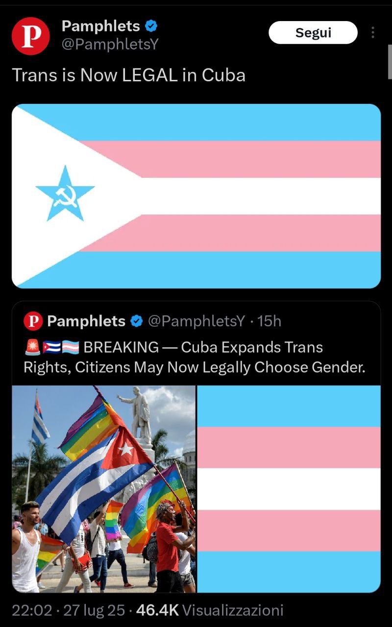 p Perens «D>

cod fad bathoe:

Trans is Now LEGAL in Cuba

P Pamphlets i) ie

& =Bg BREAKING — Cuba Expands Trans
Rights, Citizens May Now Legally Choose Gender.