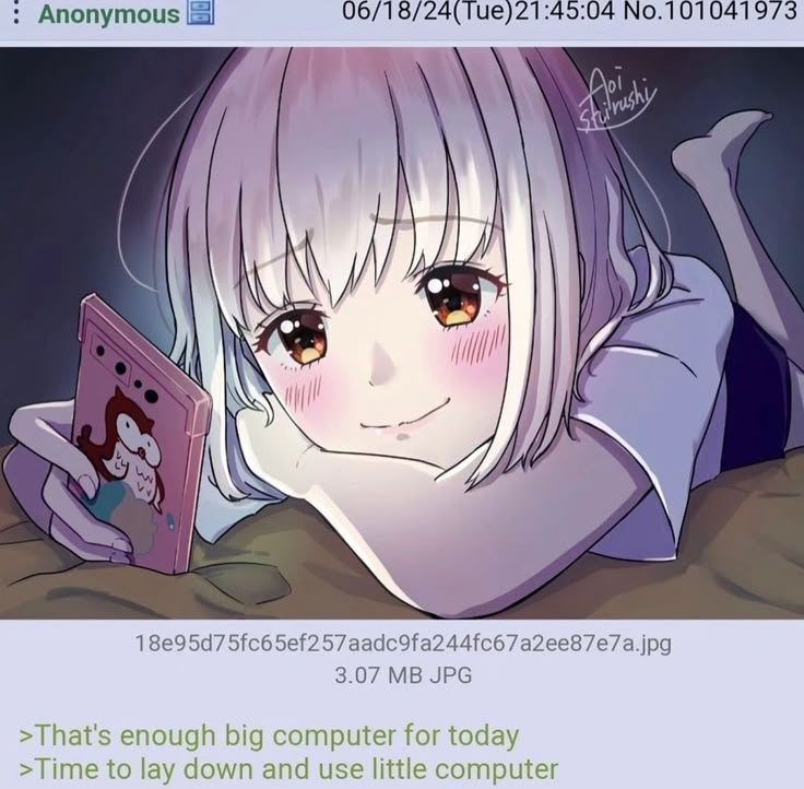 : Anonymous [| 06/18/24( }ue)21:45:04 No.101041973

18e95d7 5fc65ef257aadc9fa244fc67a2ee87e7a jpg
3.07 MB JPG

>That's enough big computer for today
>Time to lay down and use little computer