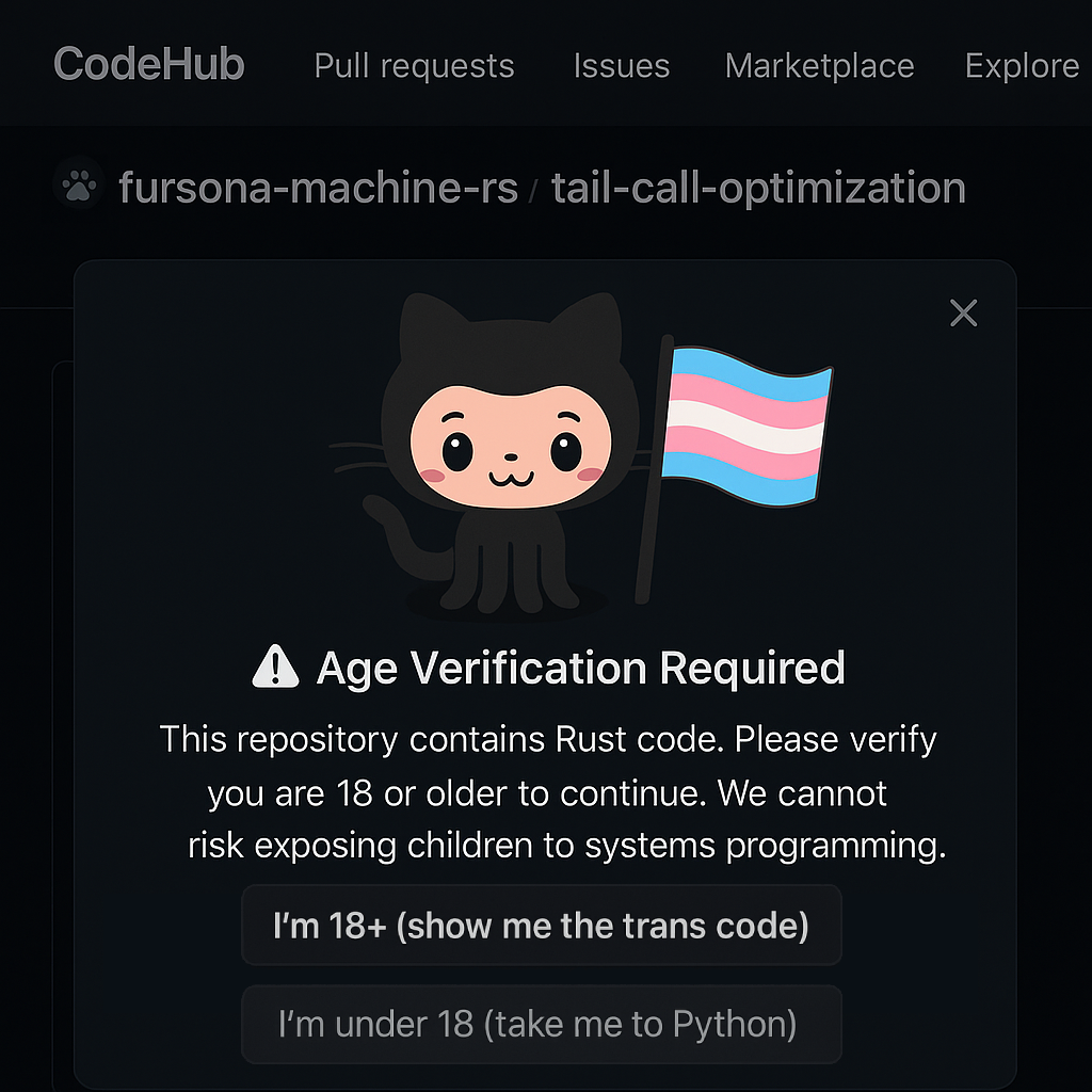 CoceHuls Pull requests Issues Marketplace Explore

fursona-machine-rs  tail-call-optimization

A Age Verification Required

This repository contains Rust code. Please verify
you are 18 or older to continue. We cannot
risk exposing children to systems programming.

I'm 18+ (Show me the trans code)

I'm under 18 (take me to Python)