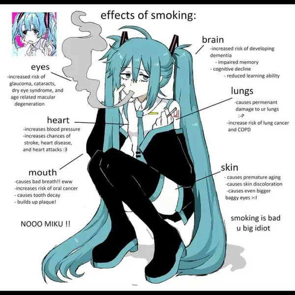 effects of smoking:

brain
J increased risk of developing
dementia

- impaired memory

~ cognitive decline
- reduced learning ability

-increased risk of
glaucoma, cataracts,
dry eye syndrome, and

age related macular C

degeneration

lungs

-causes permenant
damage to ur lungs

iP
heart -increase risk of Jung cancer
-increases blood pressure and COPD
-increases chances of
stroke, heart disease,
and heart attacks :3
skin

causes premature aging
“Causes skin discoloration
-causes even bigger
baggy eyes >

mouth
causes bad breath!! eww
-increases risk of oral cancer
- causes tooth decay
- builds up plaque!
NOOO MIKU !! smoking is bad
“ u big idiot