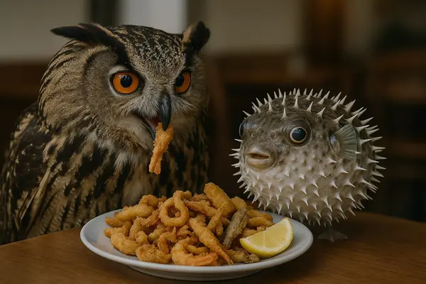 Hex, [15/07/2025 23:43]
/copilot genera una fotorealistica di un gufo che mangia con un pesce palla del fritto misto

Microsoft Copilot, [15/07/2025 23:43]
Ecco in arrivo un'immagine davvero surreale—un gufo e un pesce palla che condividono un piatto di fritto misto come due buongustai inaspettati. 🍽️🦉🐡 Preparati a una fusione tra il bizzarro e il delizioso!

Hex, [15/07/2025 23:45]
Pallot con le zampine

🅽, [15/07/2025 23:58]
gnammi