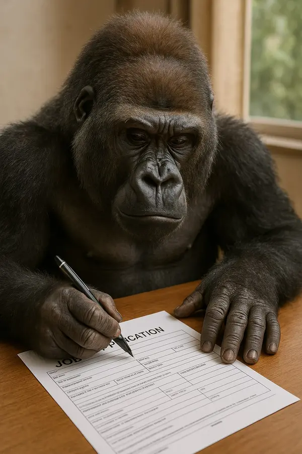 Hex, [20/07/2025 20:54]
/copilot genera 1 immagine fotorealistica di un gorilla che deve compilare 1 job application

Microsoft Copilot, [20/07/2025 20:55]
Ecco arrivare il nostro aspirante lavoratore peloso—immagina un gorilla concentratissimo, penna in mano, intento a dimostrare che l’esperienza nella giungla ha affinato le sue doti manageriali. 🦍📄

Fammi sapere se vuoi che indossi anche cravatta o occhiali per fare più “business”!