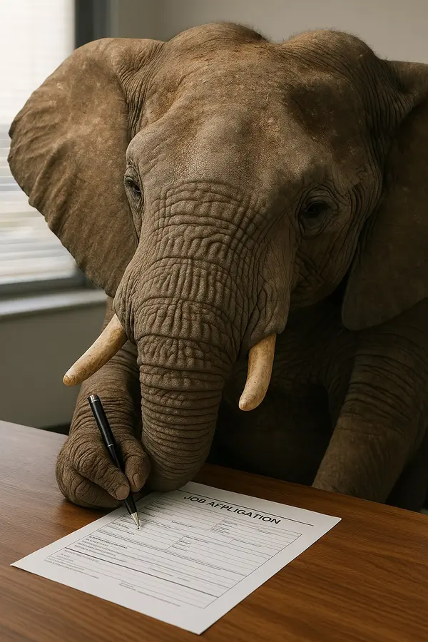 Hex, [20/07/2025 20:53]
/copilot genera 1 immagine fotorealistica di un elefante che deve compilare 1 job application

Microsoft Copilot, [20/07/2025 20:53]
Ecco in arrivo un elefante super concentrato, intento a riempire la sua domanda di lavoro con grande serietà e un tocco di maestosità! 🐘💼