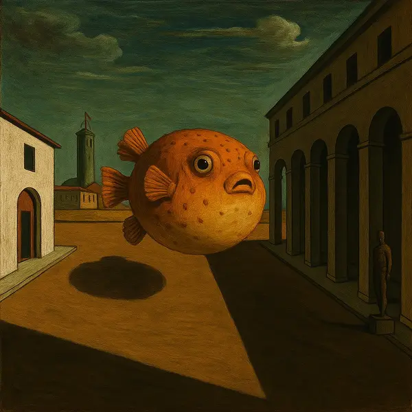 🅽, [21/07/2025 21:38]
/copilot poni questo pesce palla arancione in 1 quadro di de chirico

Microsoft Copilot, [21/07/2025 21:38]
Ecco un’immagine che fonde l’eccentrico charme marino di un pesce palla arancione con l’enigmatica architettura metafisica di Giorgio de Chirico. 🎨🐡

Fammi sapere se vuoi modifiche o se preferisci esplorare un altro pittore surreale!

🅽, [21/07/2025 21:39]
crazy

🅽, [21/07/2025 21:39]
bellissimo

🅽, [21/07/2025 21:39]
cmq attraverso questa opera de chirico ci vuole mostrare quanto i pesci palla arancioni siano finokki!!!!!!