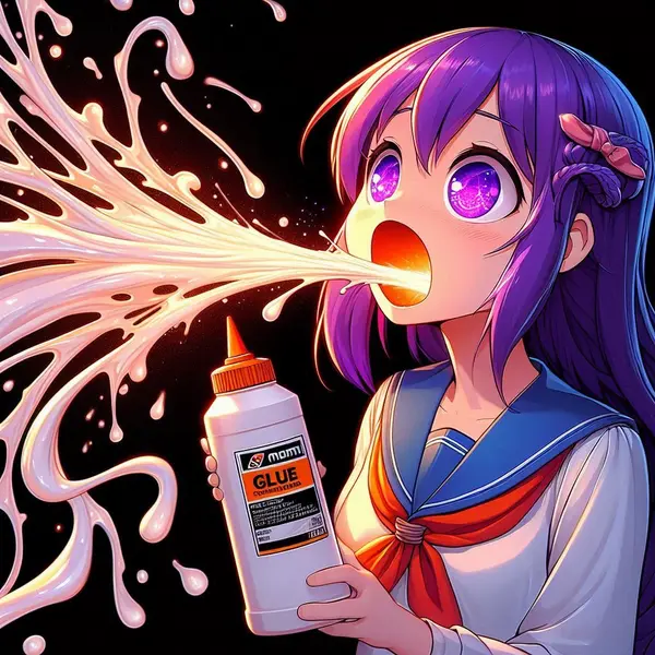 Genera una ragazza con i capell viola con gli occhi spalancati luccicanti che guarda il vuoto, che caccia litri di colla dalla bocca, formando un flusso che arriva fino a terra, stile anime.
