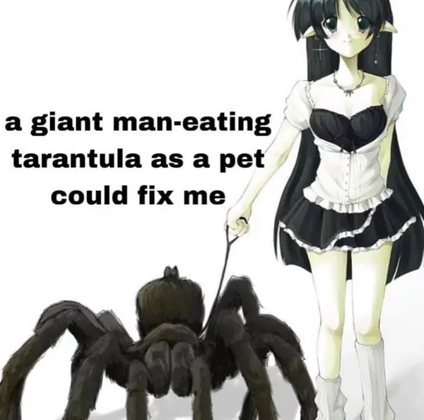 a giant man-eating
tarantula as a pet
could fix me

N