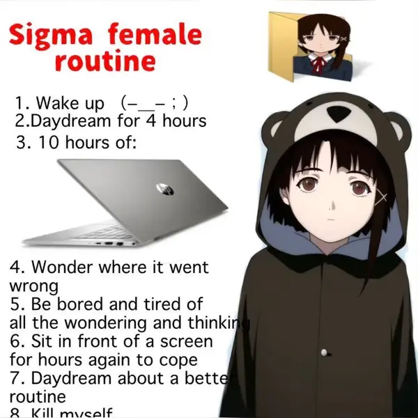 Sigma female
routine

1.Wake up (-_-;)
2.Daydream for 4 hours

3. 10 hours of:

4. Wonder where it went
wrong

5. Be bored and tired of
all the wondering and thinki
6. Sit in front of a screen
for hours again to cope

7. Daydream about a bette

routine
Q Kill muealf